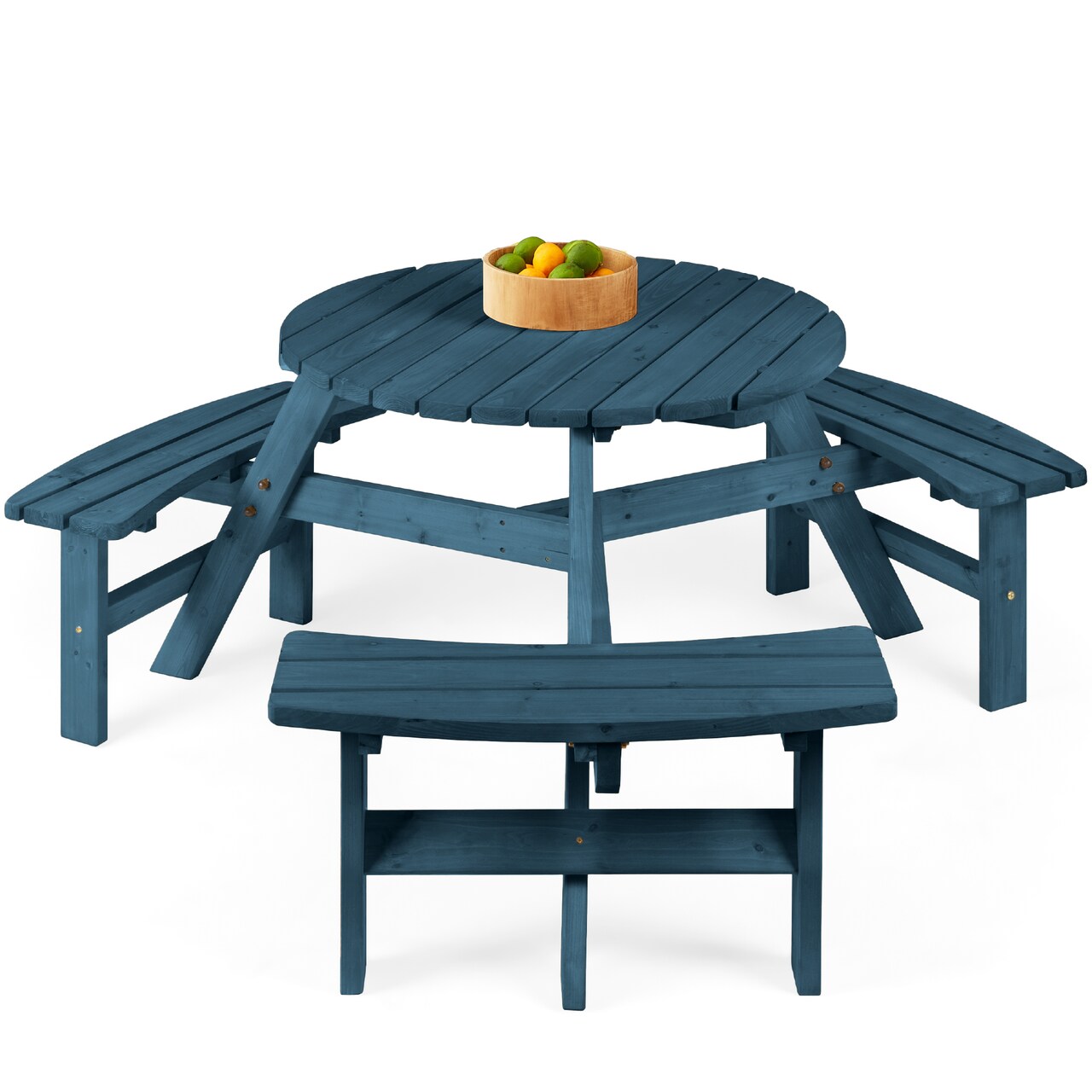 Best Choice Products 6-Person Circular Outdoor Wooden Picnic Table w/ 3 Built-In Benches, Umbrella Hole